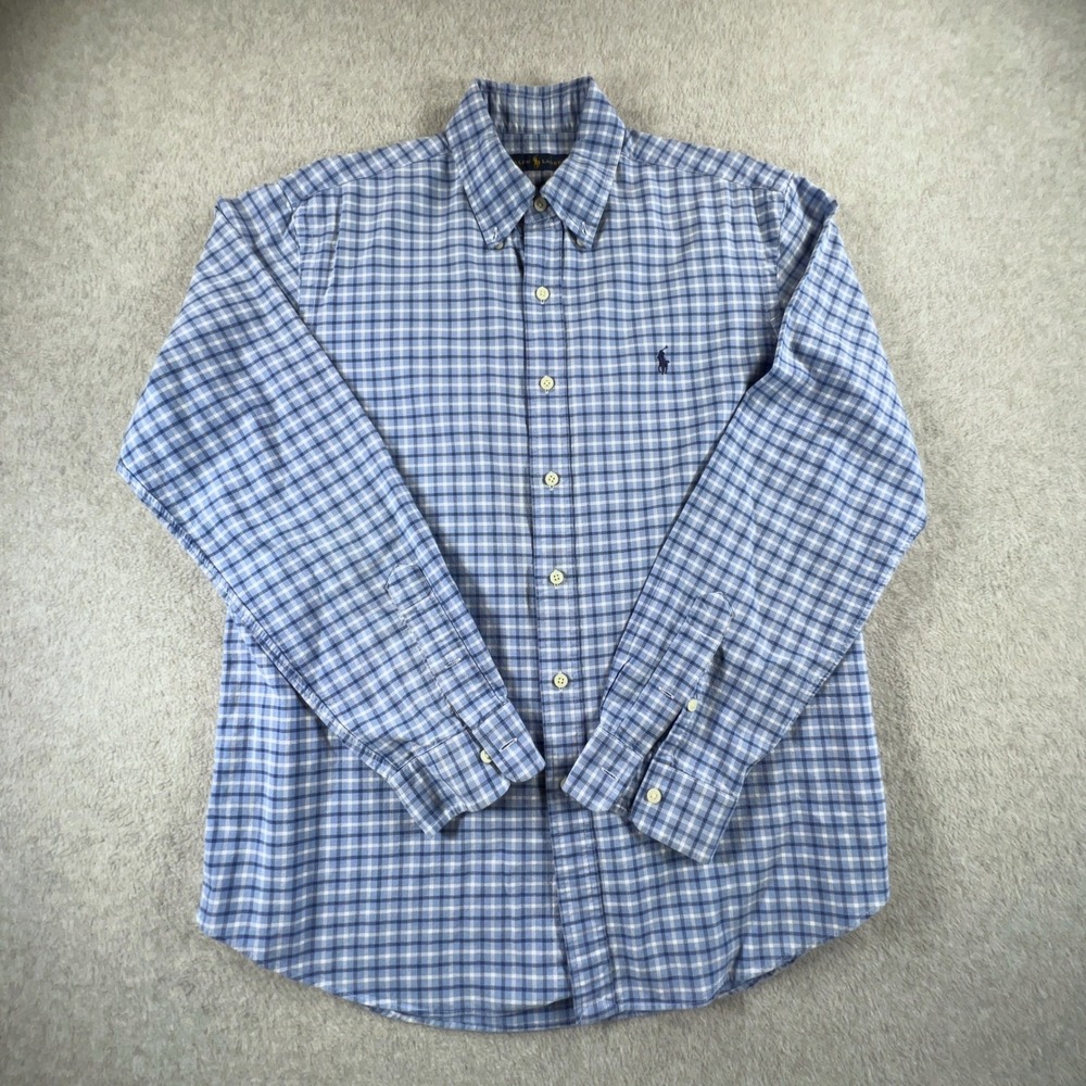 Ralph Lauren Mens Blue White Plaid Button Down Shirt Long Sleeve L Cotton Pony